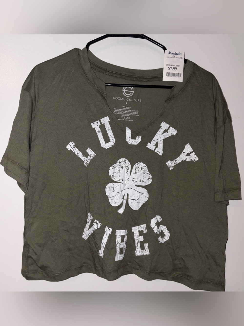 Social Culture Olive Green Cropped V-Neck Tee